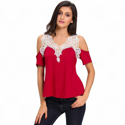

Round neck short-sleeved openwork stitching embroidered lace high-elastic T-shirt