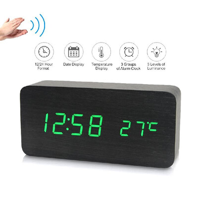 

Electronic LED Digital Wooden Alarm Clock Time Temperature Date Display Desktop Clock 3 Levels Brightness Voice Control USB Char