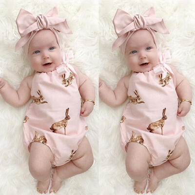 

Newborn Toddler Baby Girls Clothes Rabbit Romper Bodysuit Outfits Headband 0-18M