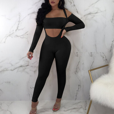 

Women Pure Color Tight Fitting Long Sleeves Camisole Wrap Chest Jumpsuits