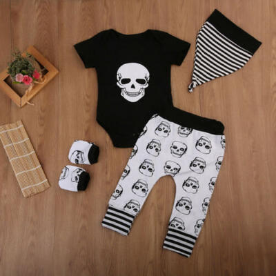 

Funny Baby Boy Outfits Clothes Cotton Skull Romper ShirtLong Pants Hat Outfits