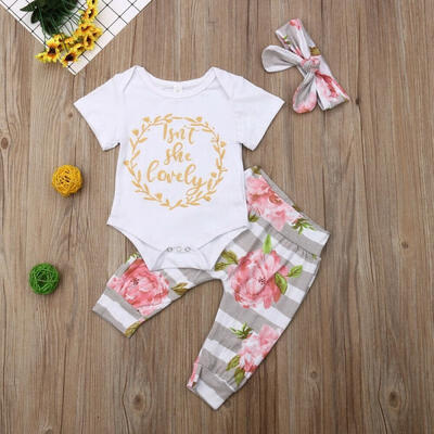 

Newborn Baby Girl Clothes 3Pcs Romper Tops Flower Pants Headband Outfit 0-18M
