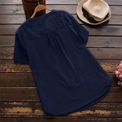 

Plus Size Summer Casual Tops Fashion Lace Embroidery Leisure T-shirt Women Oversize Short Sleeve T shirt Cotton Linen Tshirt