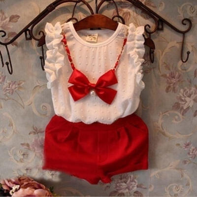 

Baby Girls 3PCS Clothing set Chiffon Bubble Shirt Shorts Bow Necklace Outfits 05T