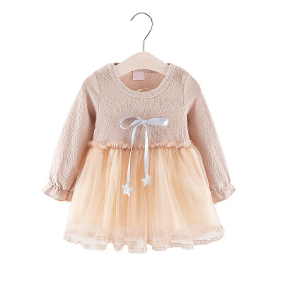 

Spring Baby Girls Dress Casual Long Sleeve Mesh Design Dress with Bowknot Costume Children Princess Dresses