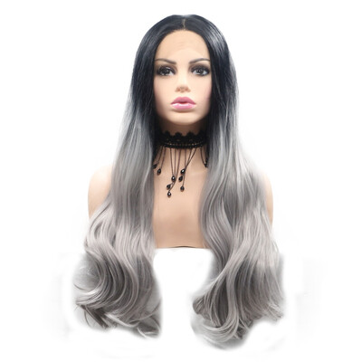 

Amazing Star Lace Frontal Wigs Ombre Gray Color Wave Hair Wigs Heat Resistant Synthetic Hair