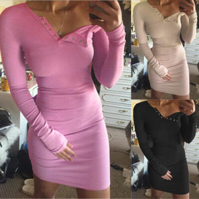 

Women Slim Bodycon Long Sleeve Stretch Short Mini Dress Pullover Tops Blouse
