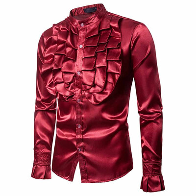 

Men Silky Satin Dress Shirt Top Ruffle Collar Fancy Stage Costume Sexy Tops
