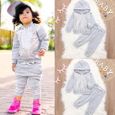 

Toddler Baby Girl Long Sleeves Hooded Sequins TopPants Outfit Kids Clothes Sets