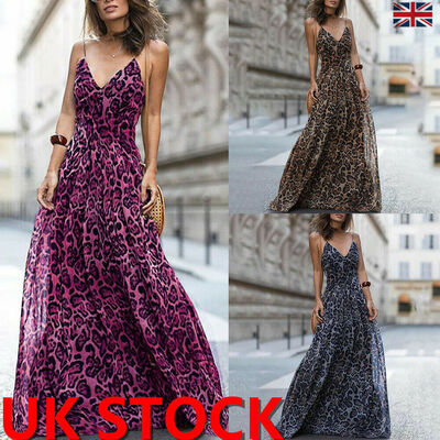 

Women Leopard Print Maxi Dress Party Evening Summer Beach Long Sundress