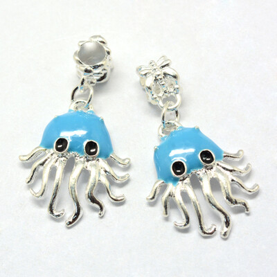 

Alloy Enamel European Dangle Beads Large Hole Pendants Octopus Silver LightSkyBlue 37mm Hole 5mm