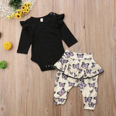 

2Pcs Casual Newborn Baby Girls Long Sleeve Tops Romper Long Pants Dress Outfit