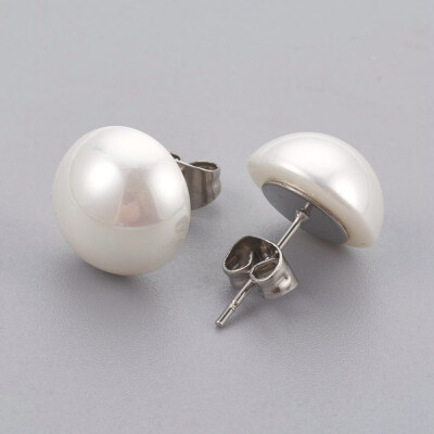 

Shell Pearl Beads Ear Studs with 304 Stainless Steel Findings Flat Round Stainless Steel Color 12x7mm Pin 07mm