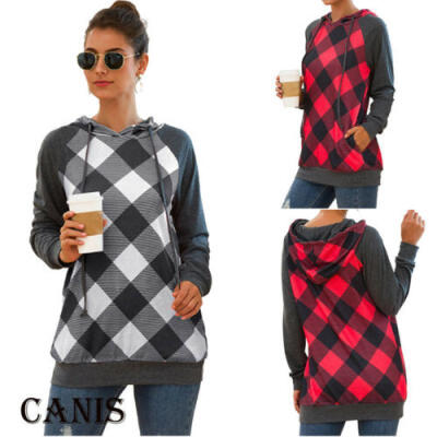 

2019 Womens Autumn Plaid Stitching Drawstring Pocket Hooded Long Sleeve Sweater