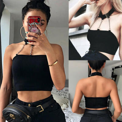 

Punk Style Choker Halter Top Women Cami Backless Buckle Crop Top Summer Shirt
