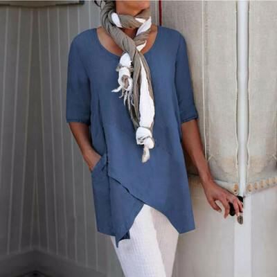 

Women Linen Long Sleeve Crossed Hem Shirt Blouse Ladies Summer Tee Tops