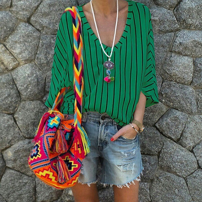 

Women Loose V Collar Summer Cartoon Stripes Print Loose Long Sleeve Casual Simple Wild T-Shirt