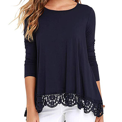 

Round Collar Women Loose Lace Stitching Spring Solid Color Loose Long Sleeve Casual Simple Wild T-Shirt