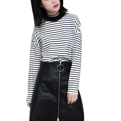 

Women Summer Elegant Fashion Design Loose Slim Striped Half-high Collar Korean Long-sleeved Wild Bottoming Shirt White