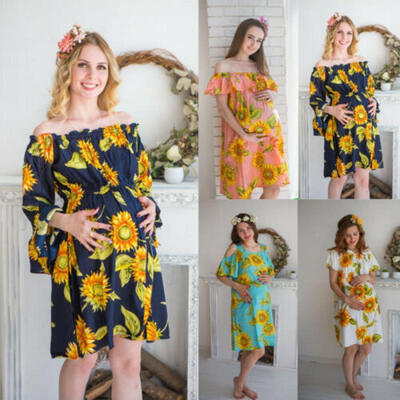 

Women Maternity Clothes Sunflower Pregnant Women Short Sleeve Bodycon Dress NEW