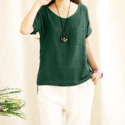 

Nomeni Women Ladies Short Sleeve Pocket Cotton And Linen T-shirts Top Blouse