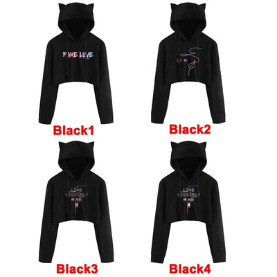 

Fashion Women Autumn Cropped Hoodies Geometric Letter Print Long Sleeves Drawstring Cat Hooded Pullover Top Sweatshirt