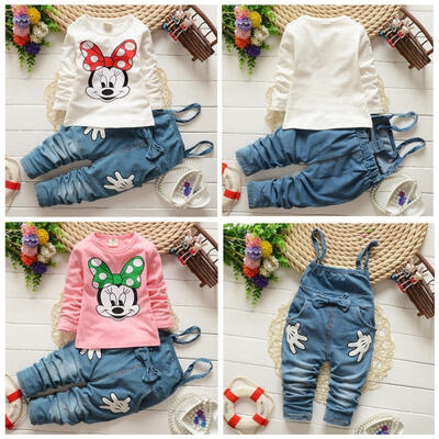 

Girls Baby Minnie Long Sleeve Tops T-shirt Denim Bib Pants 2pcs Outfits Set 1-5Y