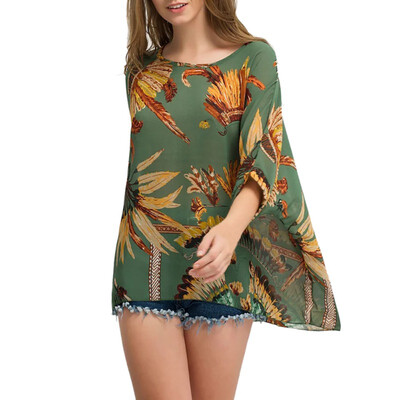 

Women Bohemian Loose T-Shirt Beach Style O-Neck Geometric Print Bat Sleeve Tops Female Chiffon Tee Shirt
