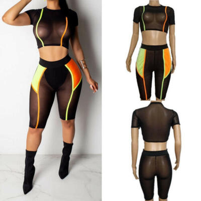 

Ladies Womens Short Sleeve Sheer Mesh SEE THROUGH Plain Tops Pants Jumpsuit Set
