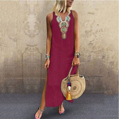 

Women Sleeveless Summer Casual Boho Floral Maxi Print Dress Ladies Holiday Beach