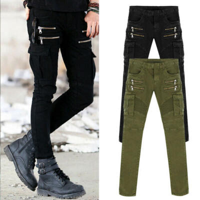 

Mens France Skinny Slim Biker Pants Knee Zipper Chinos Stretch Denim Fit Jeans
