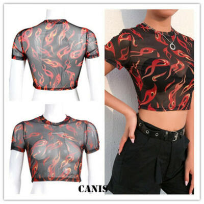 

Womens Sheer Mesh Crop Top Ladies Girls Short Sleeve O Neck T Shirt Flame Print