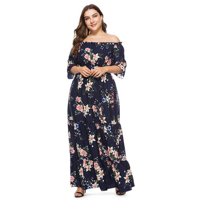 

Trendy Off The Shoulder Half Sleeve Polka Dot Floral Print Plus Size A-line Women Maxi Dress