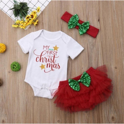 

New 3Pcs Christmas Newborn Baby Girls Romper JumpsuitTutu Shorts Outfits Clothes US