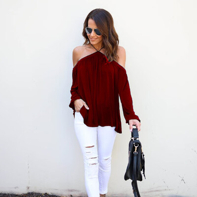 

Women Halter Solid Top Hanging Neck Strapless Shoulder Long Sleeve T-Shirt Female Leisure Casual Cotton Loose Sexy Tops