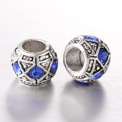 

Antique Silver Plated Alloy Rhinestone European Beads Large Hole Rondelle Beads Sapphire 10x8mm Hole 5mm