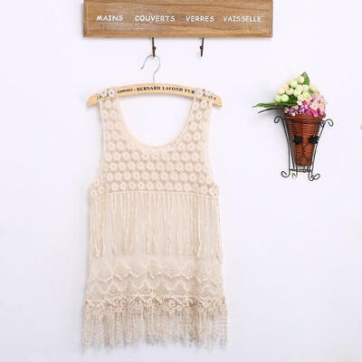 

Fashion Women&ampampampacutes Sexy Lace Crochet Hollow Sheer Sleeveless Swimwear Bikini Cover Up Beach Dress Beige
