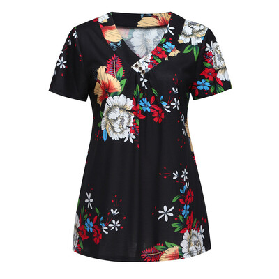 

Nomeni Fashion Women Pleated Short Sleeve V Neck Casual Blouse Top Tunic Shirt