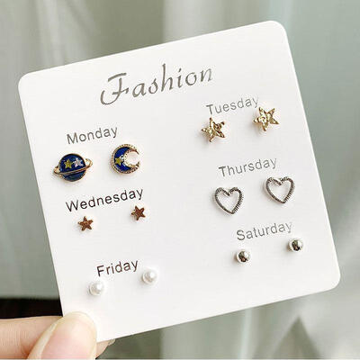 

EK490 6 Pairs Stud Earrings for Women Stars Heart Crystal Cute Earrings Set Fashion Jewelry Monday To Saturday Earring Brincos