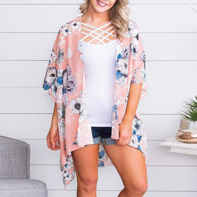 

Women Chiffon Kimono Floral Print Open Front Half Sleeve Irregular Low High Hemline Casual Bikini Cover Up