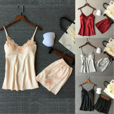 

UK Women 2Pcs Silk Satin Sleepwear Set Lingerie Crop Tops Shorts Nightie Pajamas