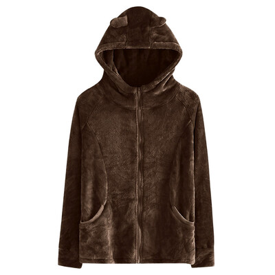 

Toponeto Women Fashion Solid Faux Fur Jacket Rabbit Ear Hooded Plush Zipper Pocket Coats