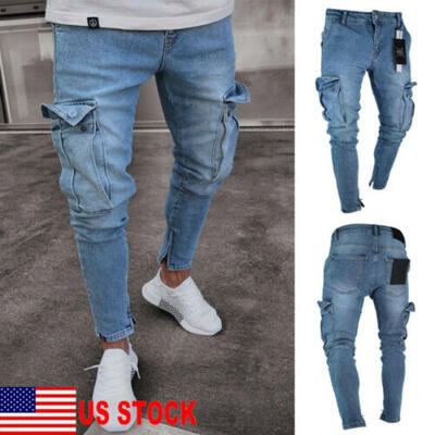 

US Stylish Mens Skinny Stretch Biker Jeans Slim Fit Denim Pants Trousers Pocket