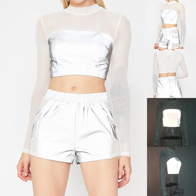 

Starmoon Women Fashion Mesh Reflective Zipper Mandarin Collar Long Sleeve Shirt Tops