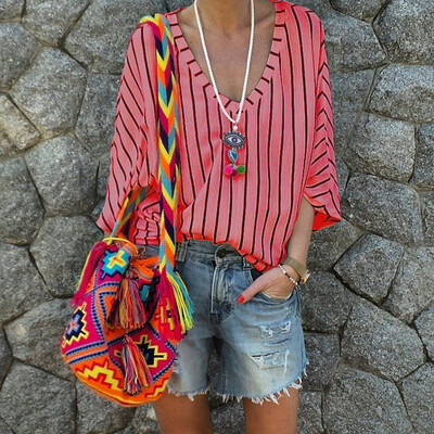 

Women Loose V Collar Summer T Shirt Female Striped Print Long Sleeve Tshirt Women Casual Simple Wild T-Shirt Tops