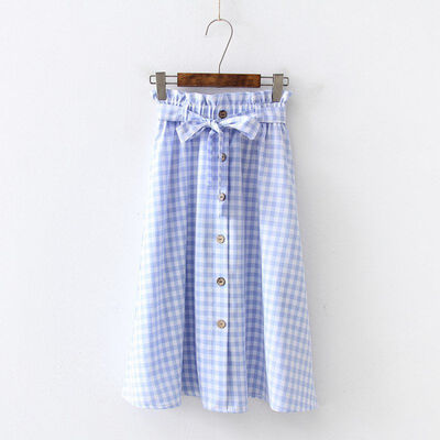 

Women Vintage Literary Style Elastic High Waist Button Plaid Print Wild A Word Long Paragraph Skirt