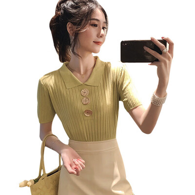 

Summer Tshirt Women Korean Turn-down Collar Short Sleeve Tops Solid Casual Knitted T Shirt Lady Buttons Top Tees