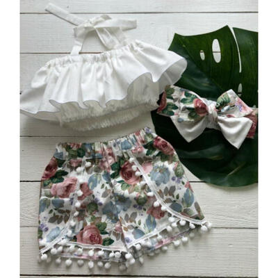 

3PCS Baby Kids Girl Flower Tutu Dress TopsShorts Pants Summer Outfits Clothes