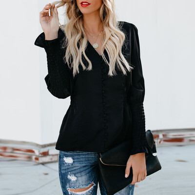 

Nomeni Women Casual Solid Long Sleeve Soild Button V Neck Slim Fit Shirt Tops Blouse