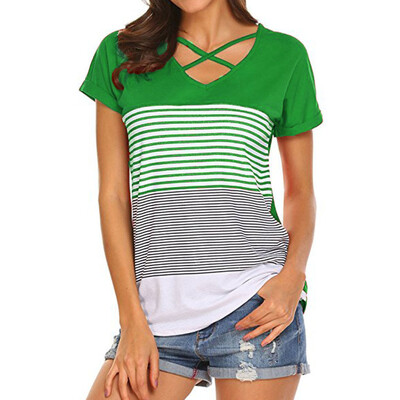 

Starmoon Women Ladies Stripe Splice T-Shirt Short Sleeve Casual Tops Blouse
